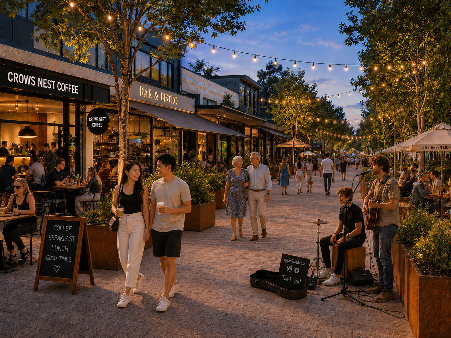 Willoughby Road pedestrianised at dusk, with string lights, diners and live music